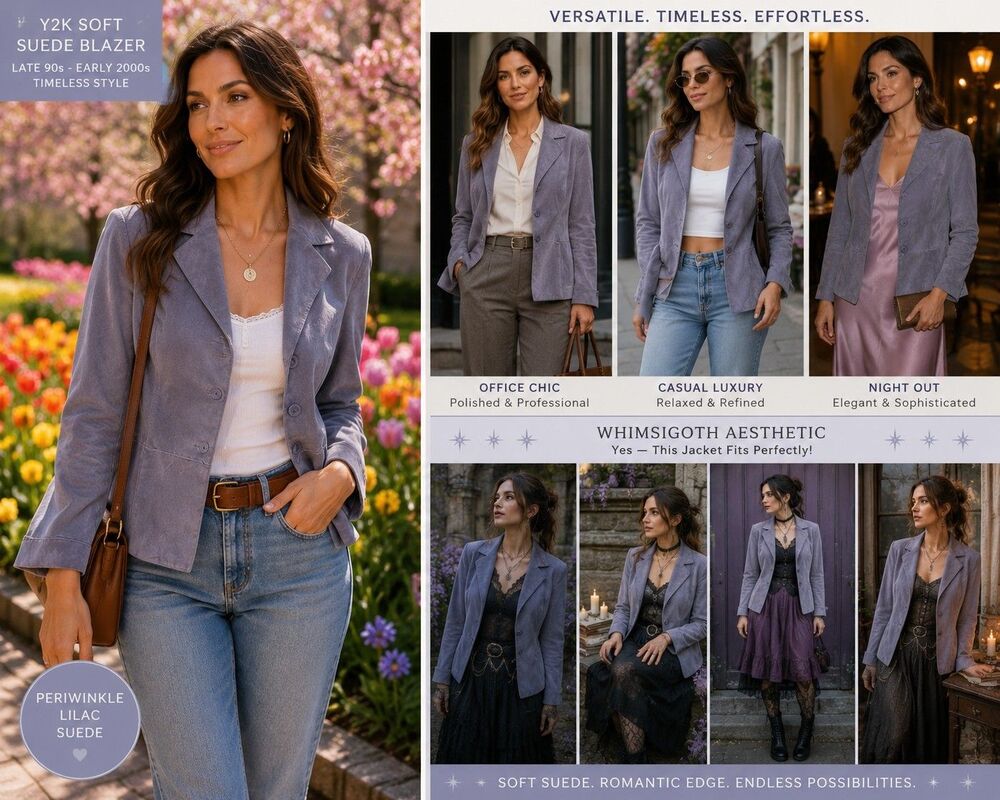 Vintage Y2K Brandon Thomas Women L Suede Leather Blazer Jacket Lilac Periwinkle